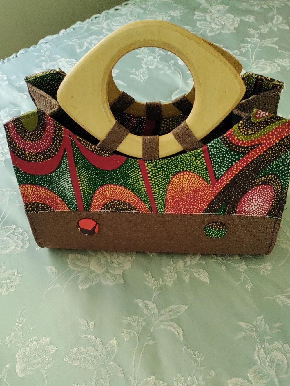 Wood Handle Floral Print Canvas Tote in Green & Brown